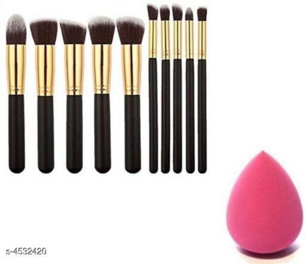 10 Pcs Off Black Makeup Brush With Sponge Puff
