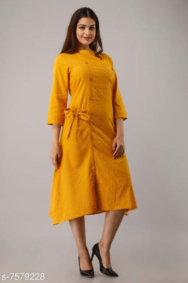 Women Cotton Slub Calf Length Front Slit Kurta | Mustard