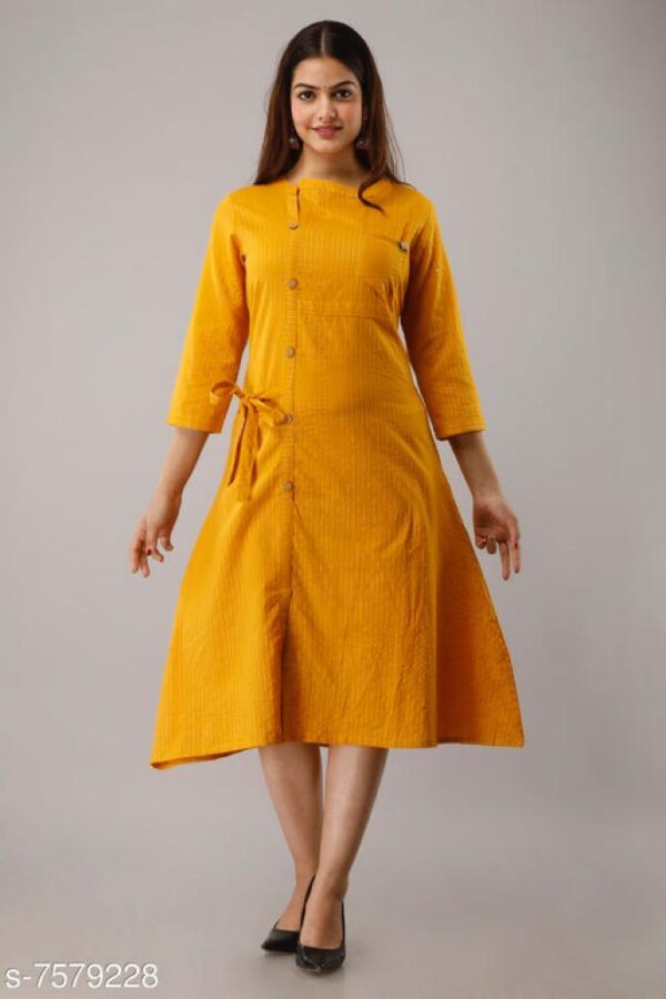 Women Cotton Slub Calf Length Front Slit Kurta | Mustard