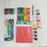 Origami paper, Glitter Bottles, Scissor, Multicolor Icecream Sticks & Water color + Paint Brush