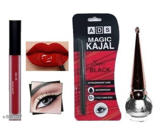Dave Beauty Liquid Matte Lipstick , ADS Magic Super Black Waterproof Pencil kajal With H&N Liqiud Silver Glitter Eyelier