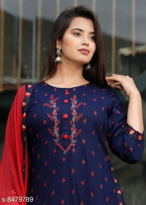 Women Blue Embroidered Kurta With Red Palazzo And Dupatta