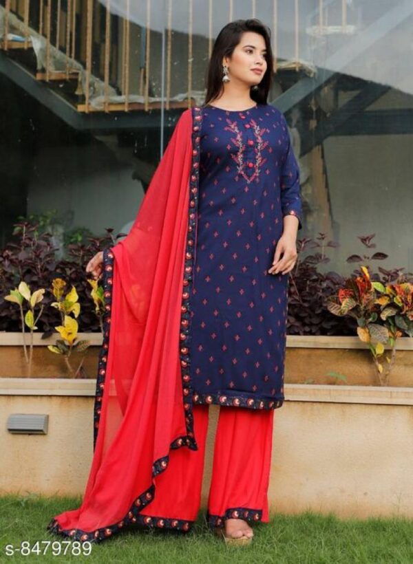 Women Blue Embroidered Kurta With Red Palazzo And Dupatta