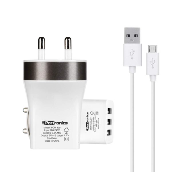 Portronics POR-329 3 Port USB Charger | White