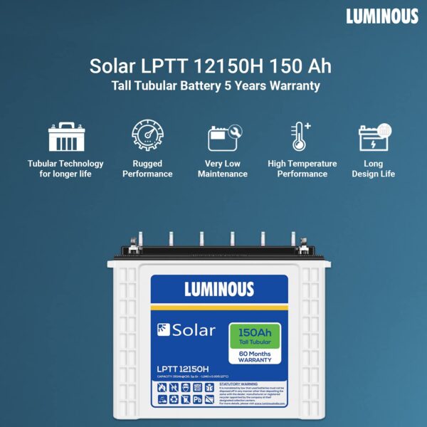 Luminous LPTT12150H 150Ah Solar Tall Tubular Battery (60Months warranty)